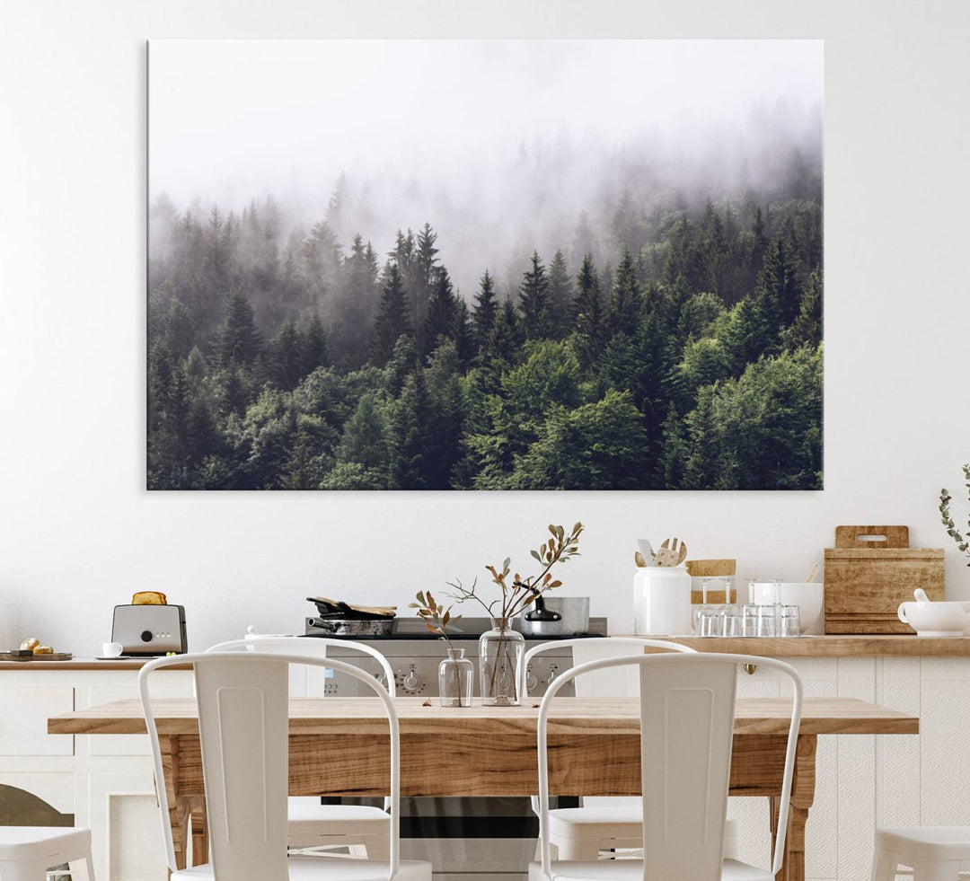 A serene triptych nature print featuring a misty forest, perfect as wall art.