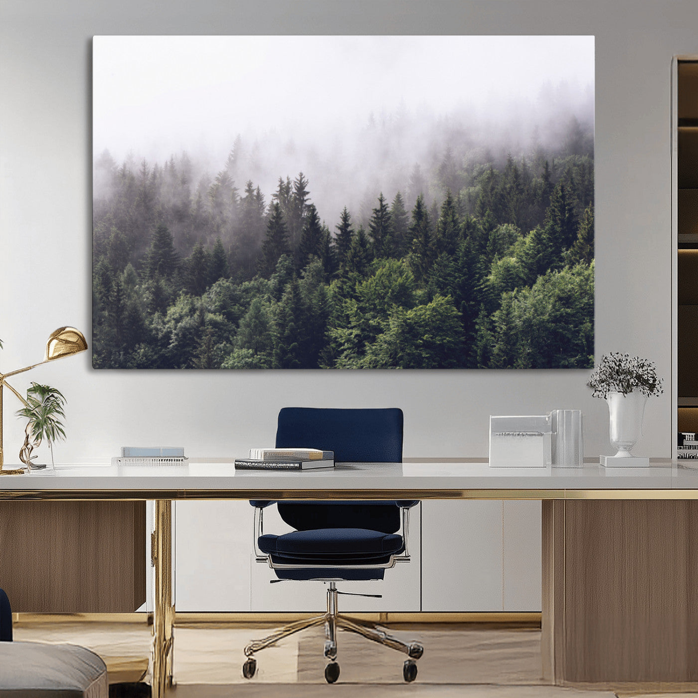 MGV-CV-36X24 - Misty Forest Wall Art | Foggy Forest Canvas Print | Large Nature-Inspired Misty Tree Landscape for