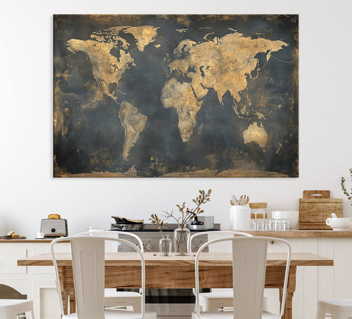 Grunge World Map Canvas Wall Art - Vintage Aged World Map with Golden Tones, Framed Artwork for Living Room, Office, or Study Decor