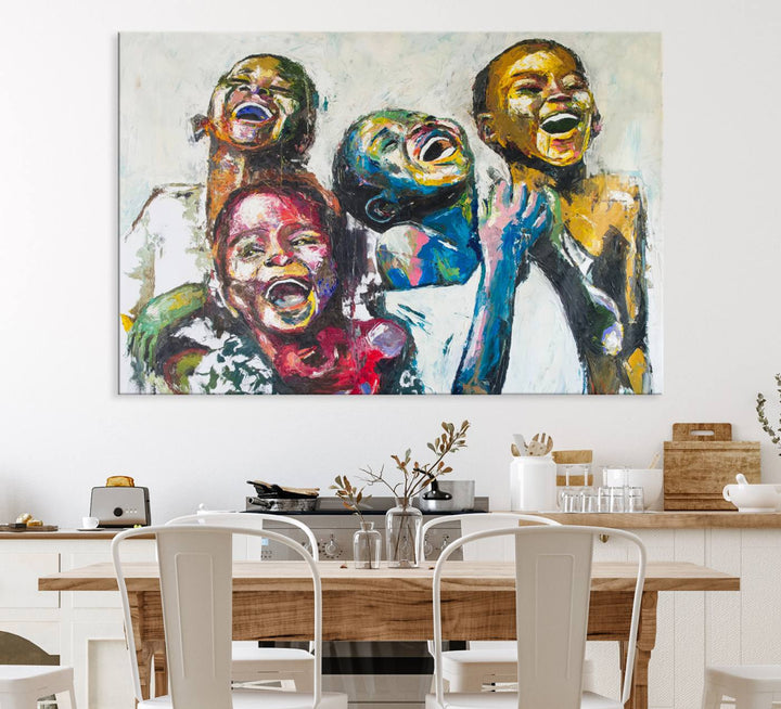 A vibrant Shai Yossef canvas art of joyful kids hangs prominently.