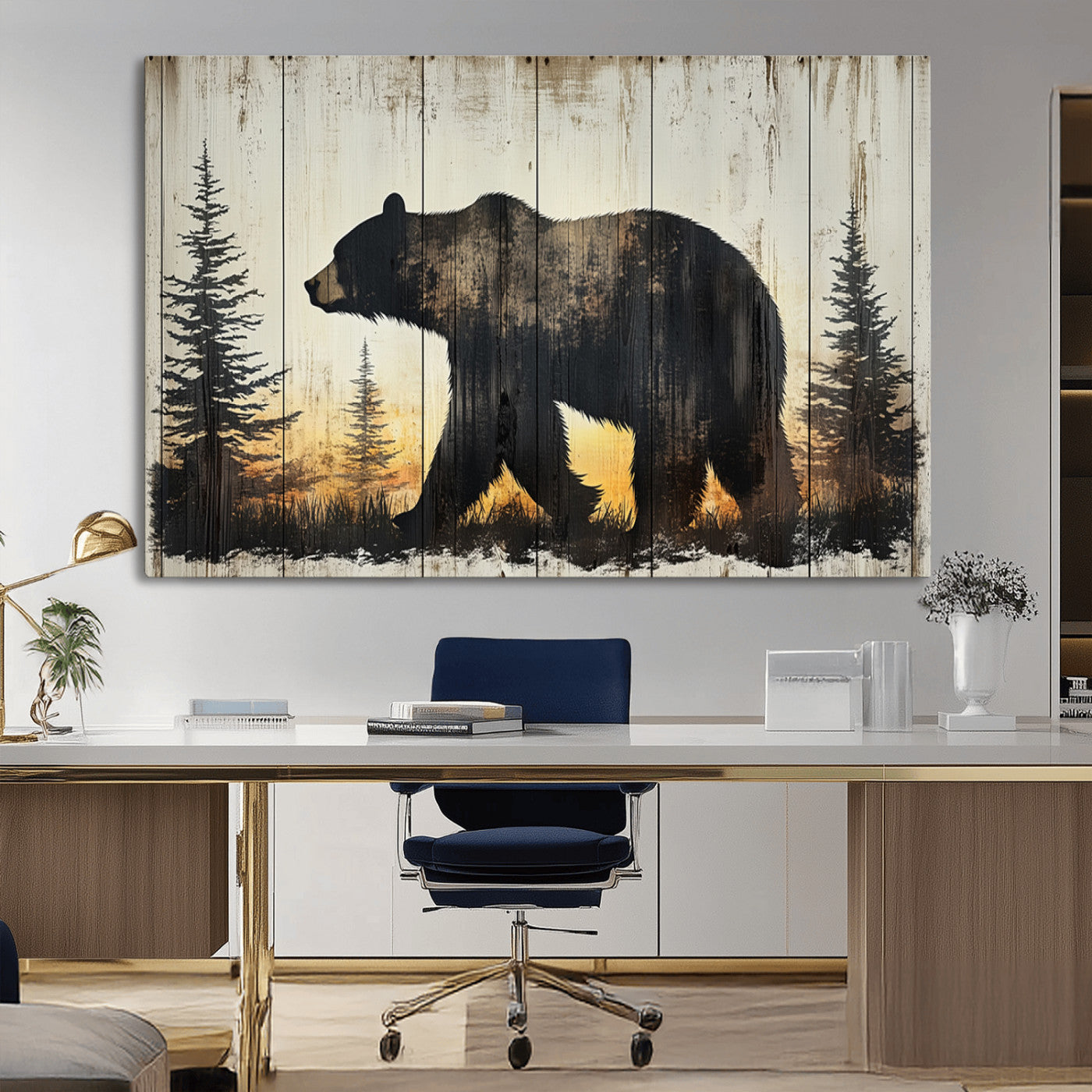 83875-MGV-CV-36X24-Vintage Bear Wall Art Canvas Print for Farmhouse - Mountain Wood Canvas Wall Art - Forest Silhouette