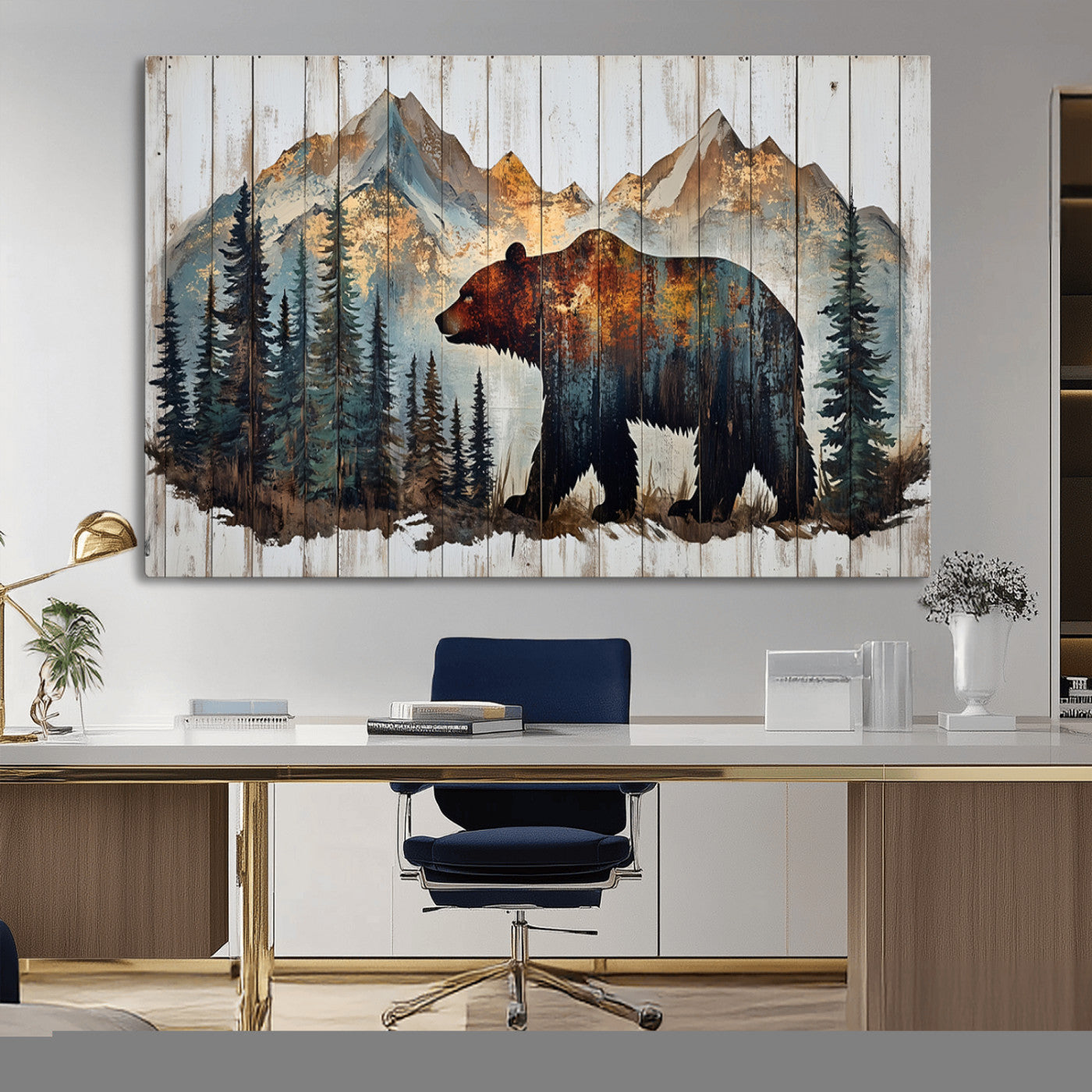 55777-MGV-CV-36X24-Rustic Grizzly 399 Bear and Mountain Wood Canvas Wall Art - Framed Nature Artwork with Forest
