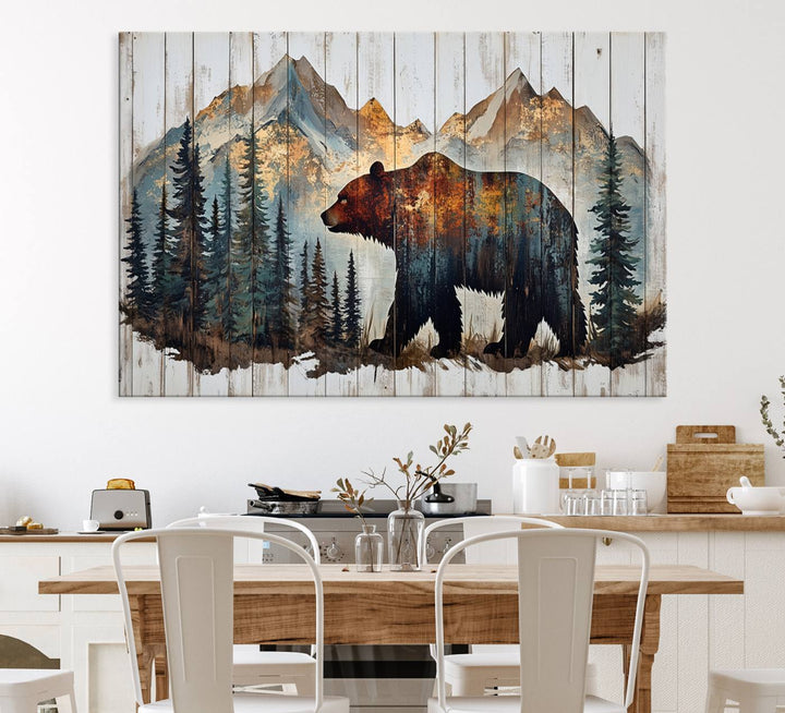 The living room features Rustic Grizzly 399 bear wall art, adding a cozy touch to the setup.