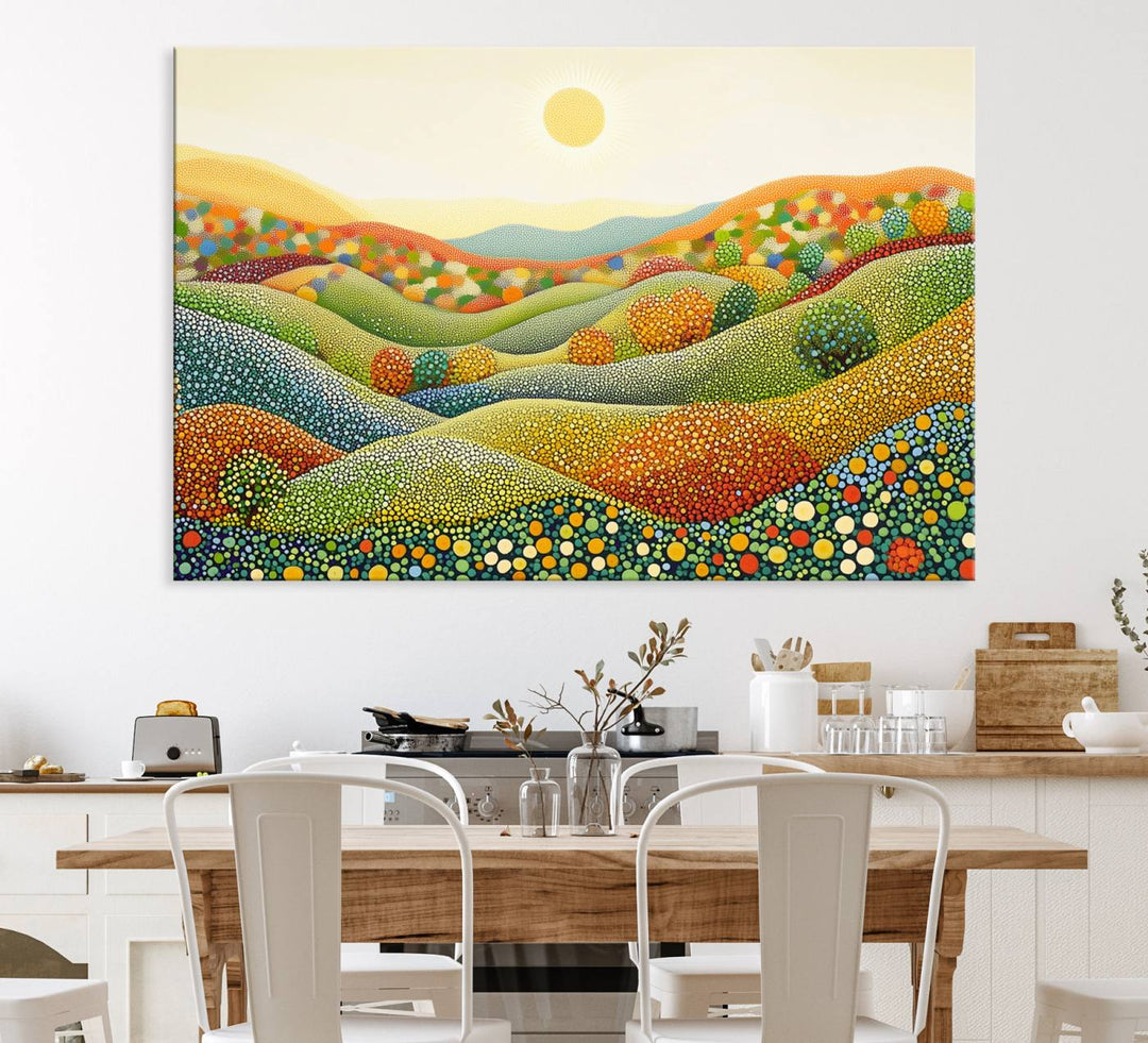 The YAYOI KUSAMA Colorful Dot Art Landscape Canvas depicts vibrant rolling hills and a sun.