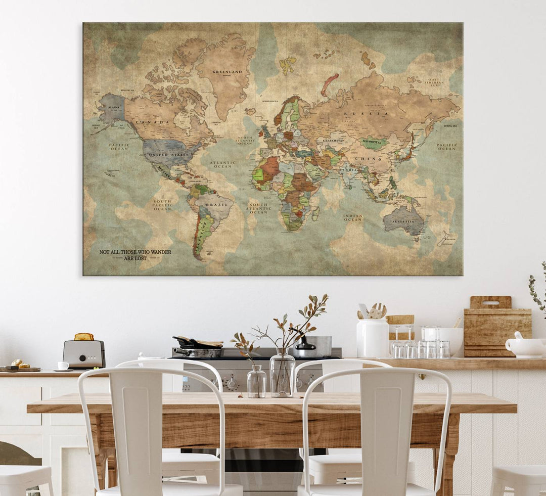 A Personalized World Map Canvas Print in vintage style enhances the setting with its artistic charm.