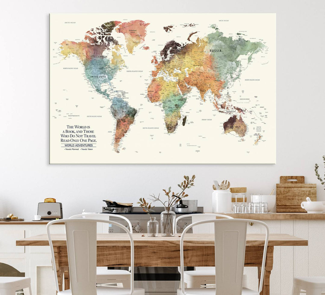 A colorful Personalized World Map Canvas Print, ideal as wall art for living room or office.