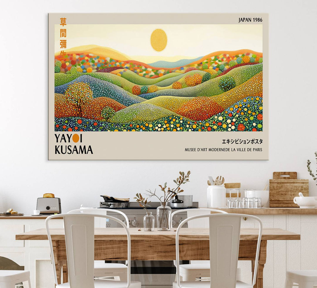 The Yayoi Kusama Wabi Sabi Japanese Wall Art Print features a vibrant landscape with dots, sun, and mountains.