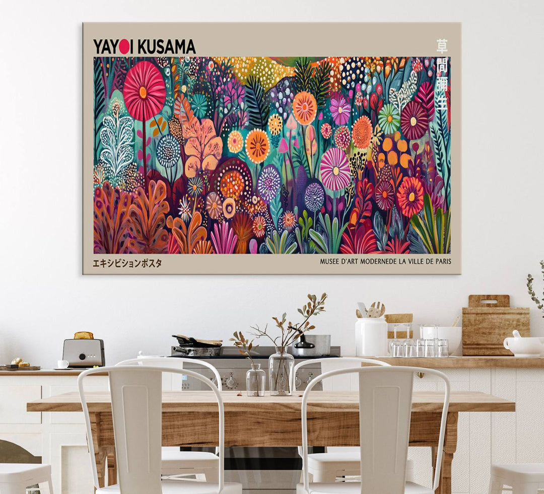 A vibrant Yayoi Kusama Wall Art Canvas Print is held on a porch.