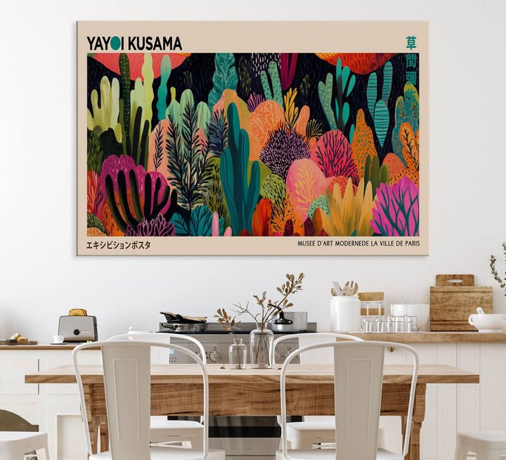 A vibrant Yayoi Kusama Wall Art Canvas Print showcases intricate abstract flora on a light background.