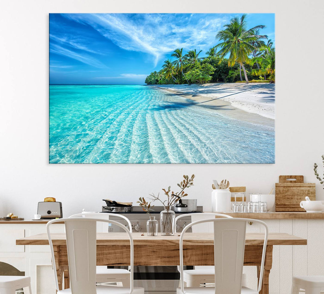 The Tropical Beach Wall Art Canvas Print features turquoise water and palm trees.