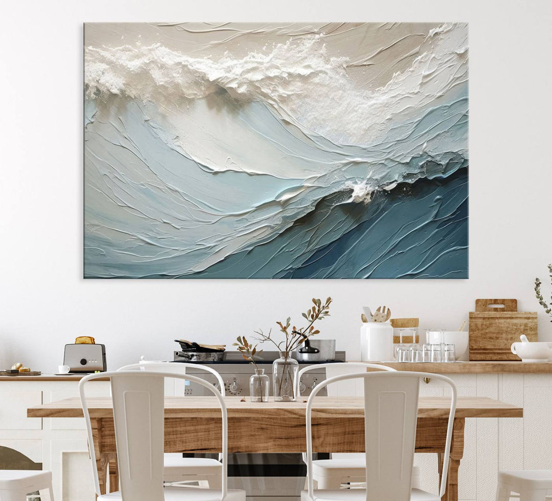 Waves Abstract Wall Art Print displayed on a porch with white siding.