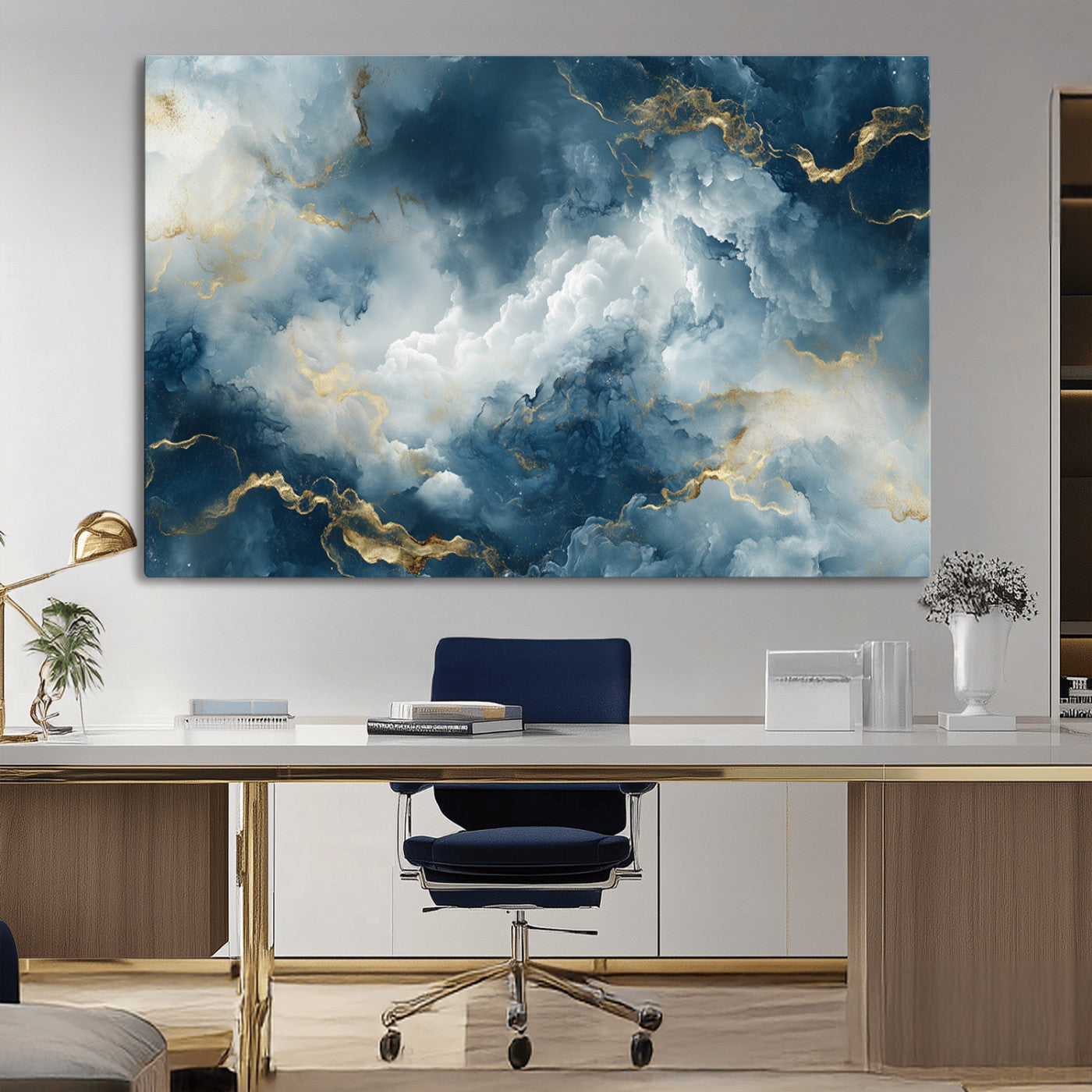 MGV-CV-36X24 - Large Abstract Print - Luxe Blue and Gold Abstract Canvas Wall Art - Bold Cloudscape Canvas for