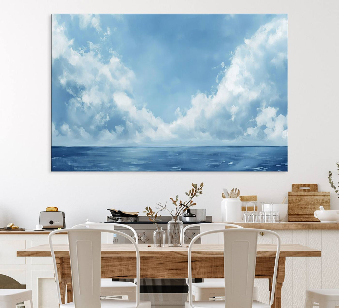 Abstract Ocean Print - Serene Blue Canvas displayed on a porch featuring minimalist decor.