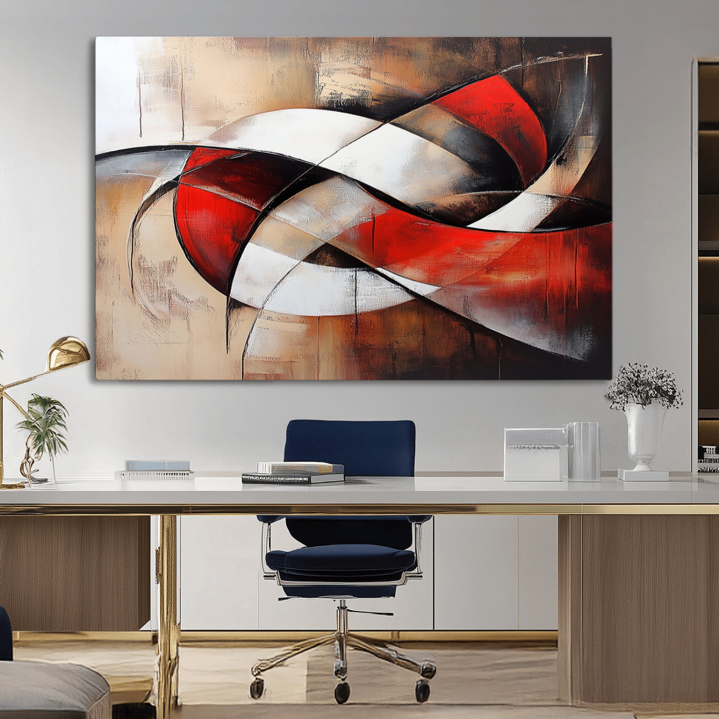 MGV-CV-36X24 - Abstract Wall Art - Modern Red and White Canvas Wall Art Print - Bold Geometric Abstract Canvas for