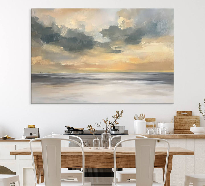 The Modern Coastal Wall Art Canvas Print features vibrant abstract ocean waves and clouds.