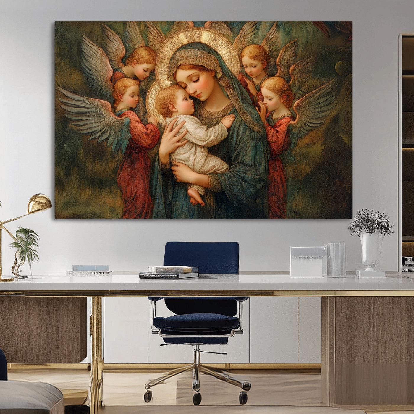 MGV-CV-36X24 - Mary Jesus Canvas Wall Art Print - Madonna and Child with Angels Art Print - Classic Christian