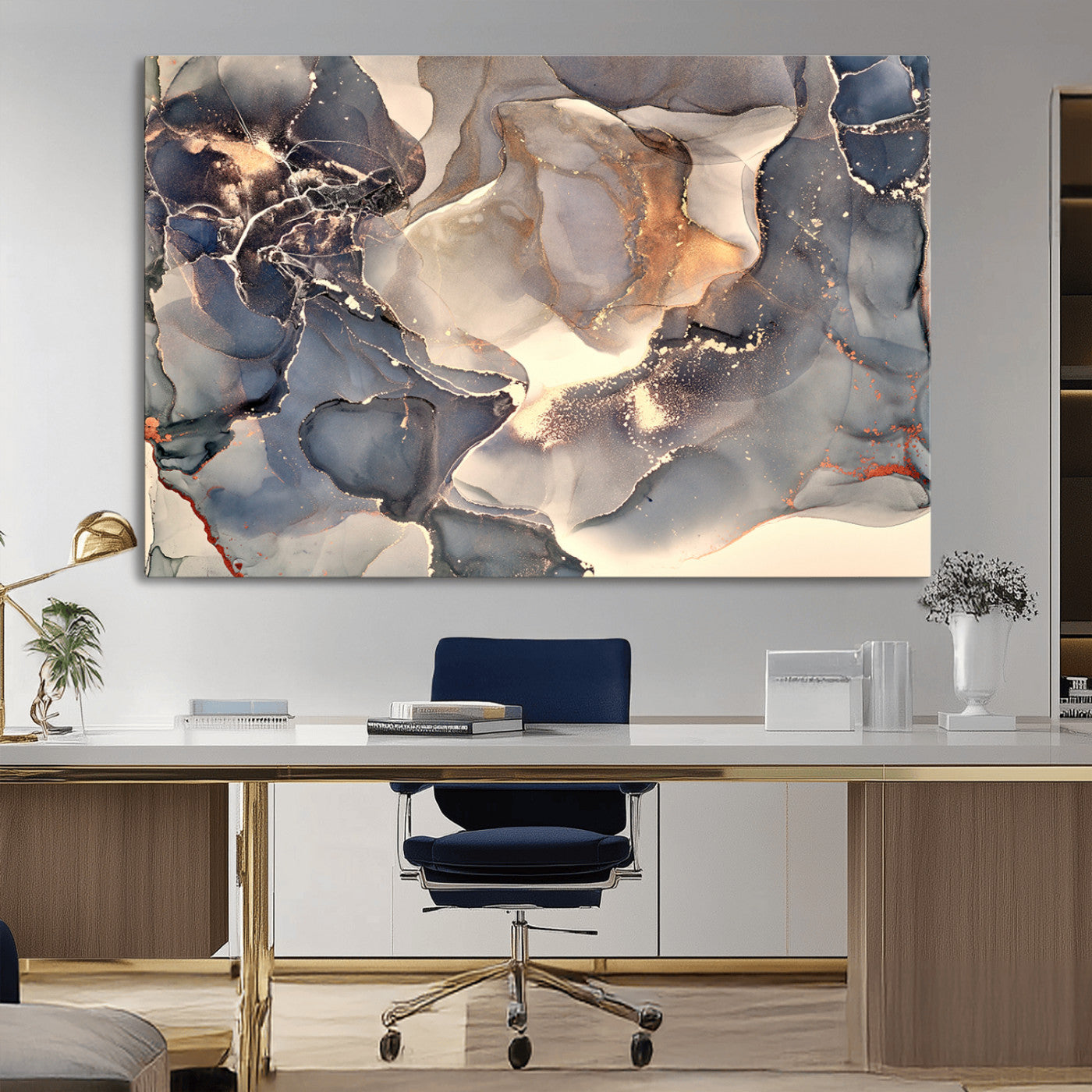 MGV-CV-36X24 - Abstract Blue and Gold Wall Art - Fluid Ink Artwork - Modern Luxury Wall Decor for Contemporary