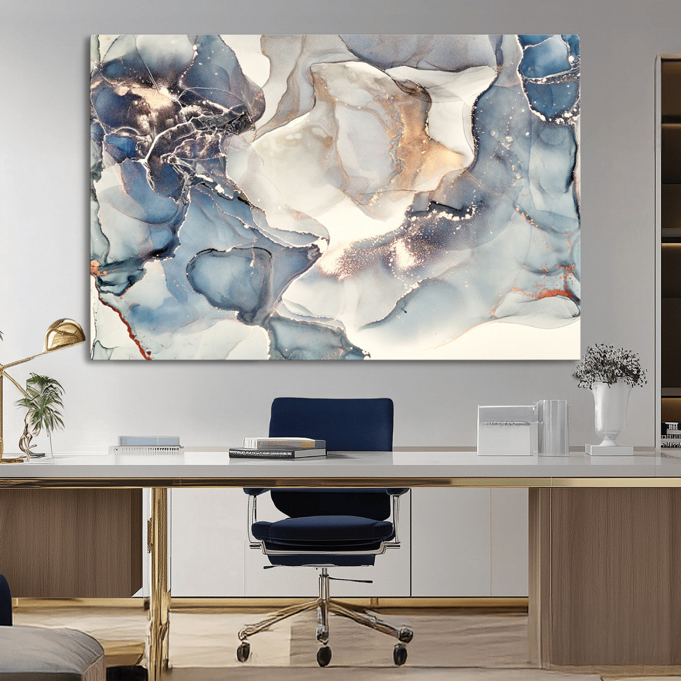 MGV-CV-36X24 - Abstract Blue and Gold Canvas Wall Art - Fluid Ink Artwork - Modern Luxury Wall Decor for Contemporary Interiors