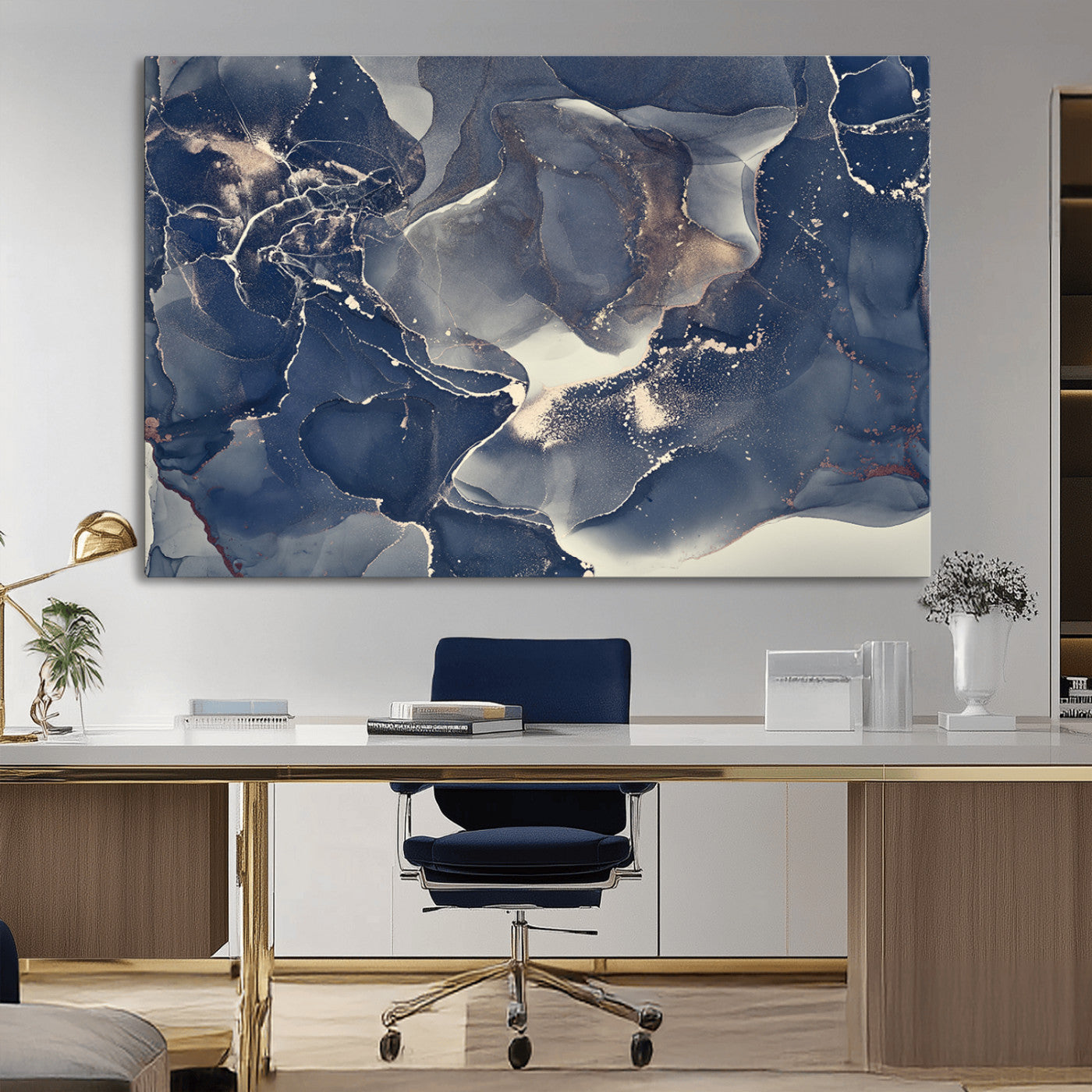 MGV-CV-36X24 - Large Abstract Blue and Gold Canvas Wall Art | Fluid Ink Artwork Print | Luxury Wall Decor for