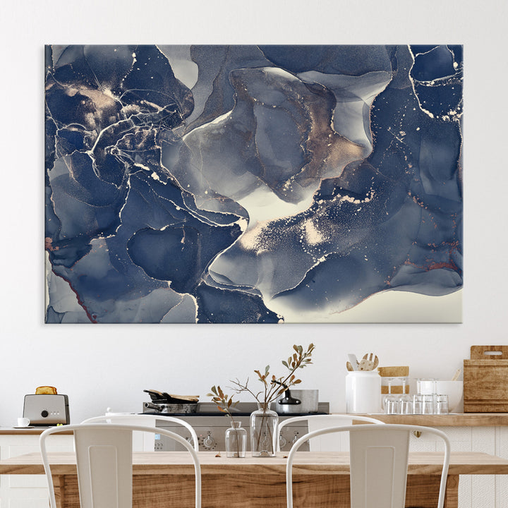 Large Abstract Blue and Gold Canvas Wall Art | Fluid Ink Artwork Print | Luxury Wall Decor for Contemporary Interiors | Framed Ready to Hang