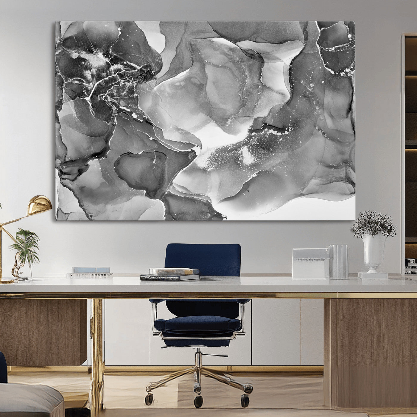MGV-CV-36X24 - Black White Abstract Canvas Wall Art - Fluid Ink Artwork - Modern Luxury Wall Decor for Contemporary
