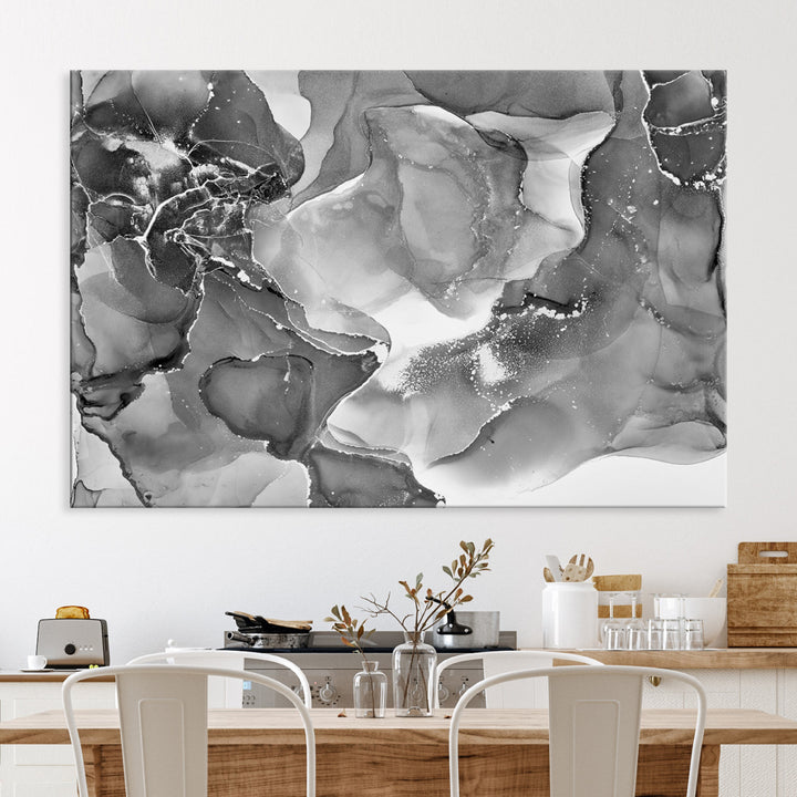 Black White Abstract Canvas Wall Art - Fluid Ink Artwork - Modern Luxury Wall Decor for Contemporary Interiors