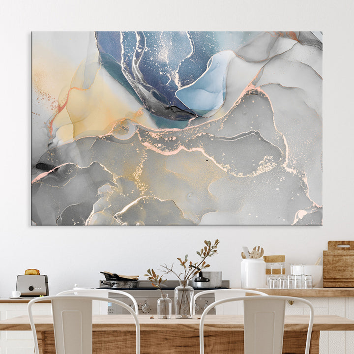 Large Abstract Blue and Gold Canvas Wall Art | Fluid Ink Artwork Print | Luxury Wall Decor for Contemporary Interiors | Framed Blue and Gold