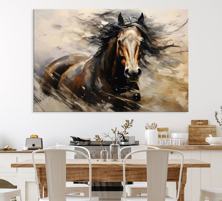 The Abstract Wall Art Horse Print adds rustic charm.