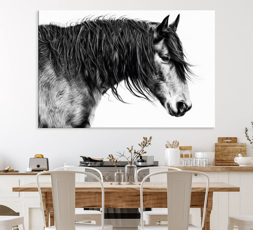 Black Horse Wall Art Canvas Print for farmhouse decor on the kitchen wall.