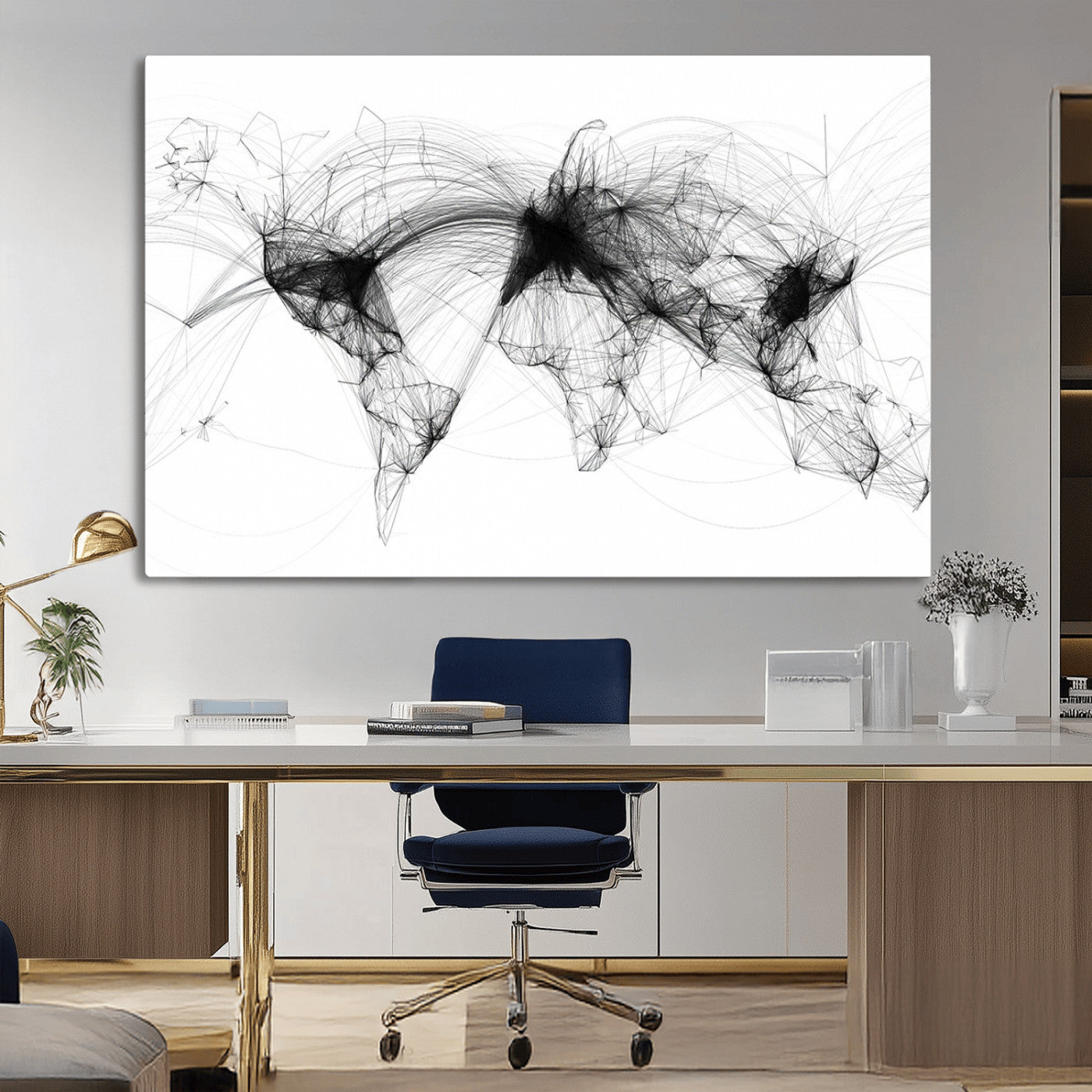 50136-MGV-CV-36X24-Abstract World Map Wall Art – Framed Geometric Line Canvas Artwork, Modern Global Design, Contemporary Decor for Home, Office