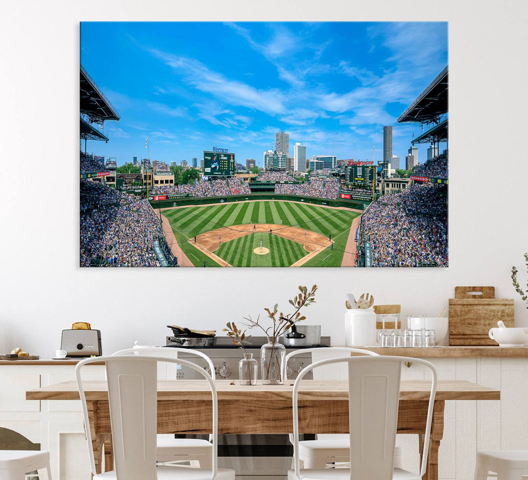 The Wrigley Field Chicago Cubs canvas art, depicting the iconic stadium, is perfect for sports lovers.