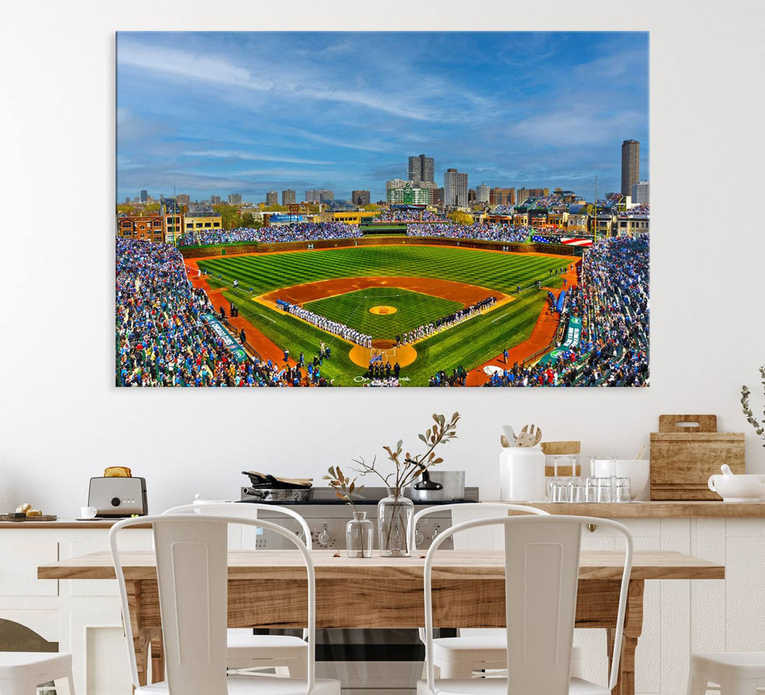 The Wrigley Field Cubs Panoramic Canvas Art hangs prominently in the modern living room.