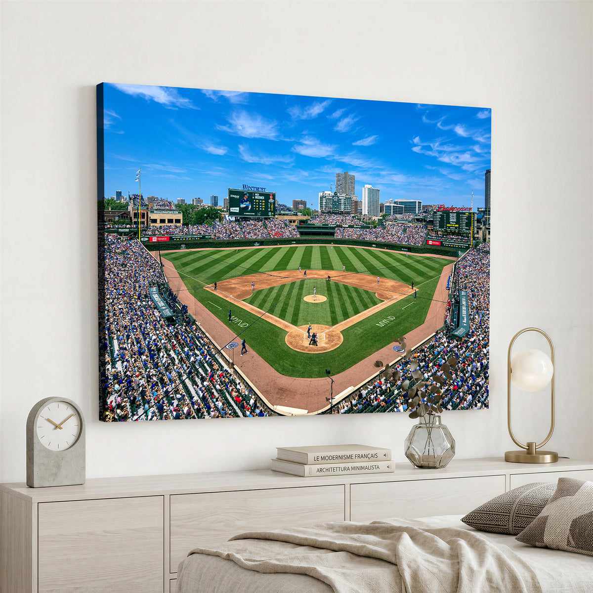 26064-MGV-CV-36X24 - Framed Wrigley Field Chicago Cubs Canvas Print – Panoramic Multi-Piece Iconic Baseball Stadium Wall Art for Home, Office