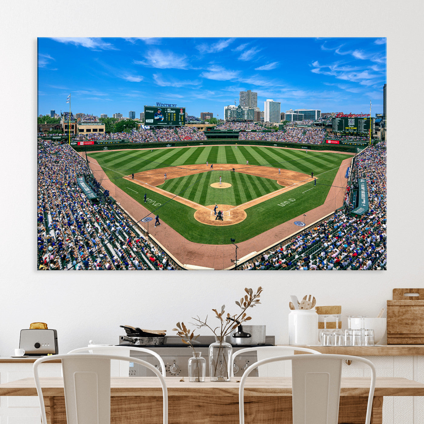 26064-MGV-CV-30X20-Framed Wrigley Field Chicago Cubs Print, Panoramic Multi Piece Canvas Wall Art - Iconic Baseball Stadium Print for Sports Lovers - Ready to