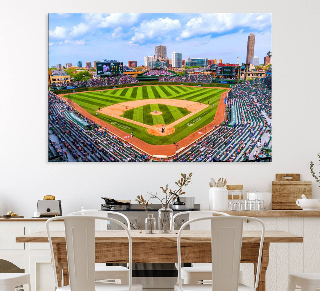 A 3-piece panoramic canvas wall art showcases an aerial view of a packed Chicago Cubs game at Wrigley Field, perfect for sports lovers.