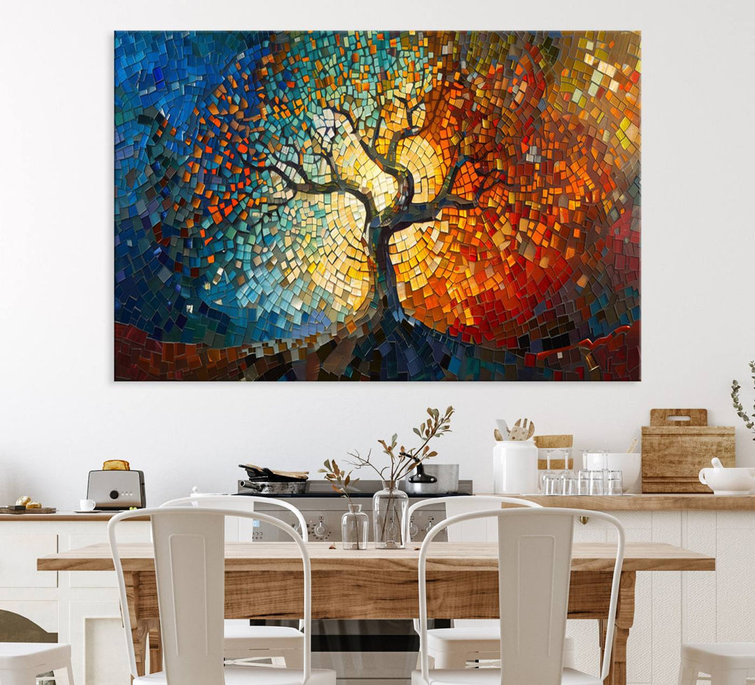 Mosaic Tree Canvas Wall Art: A stunning stained glass-inspired Tree of Life featuring blue and orange swirling patterns reminiscent of a sunburst.