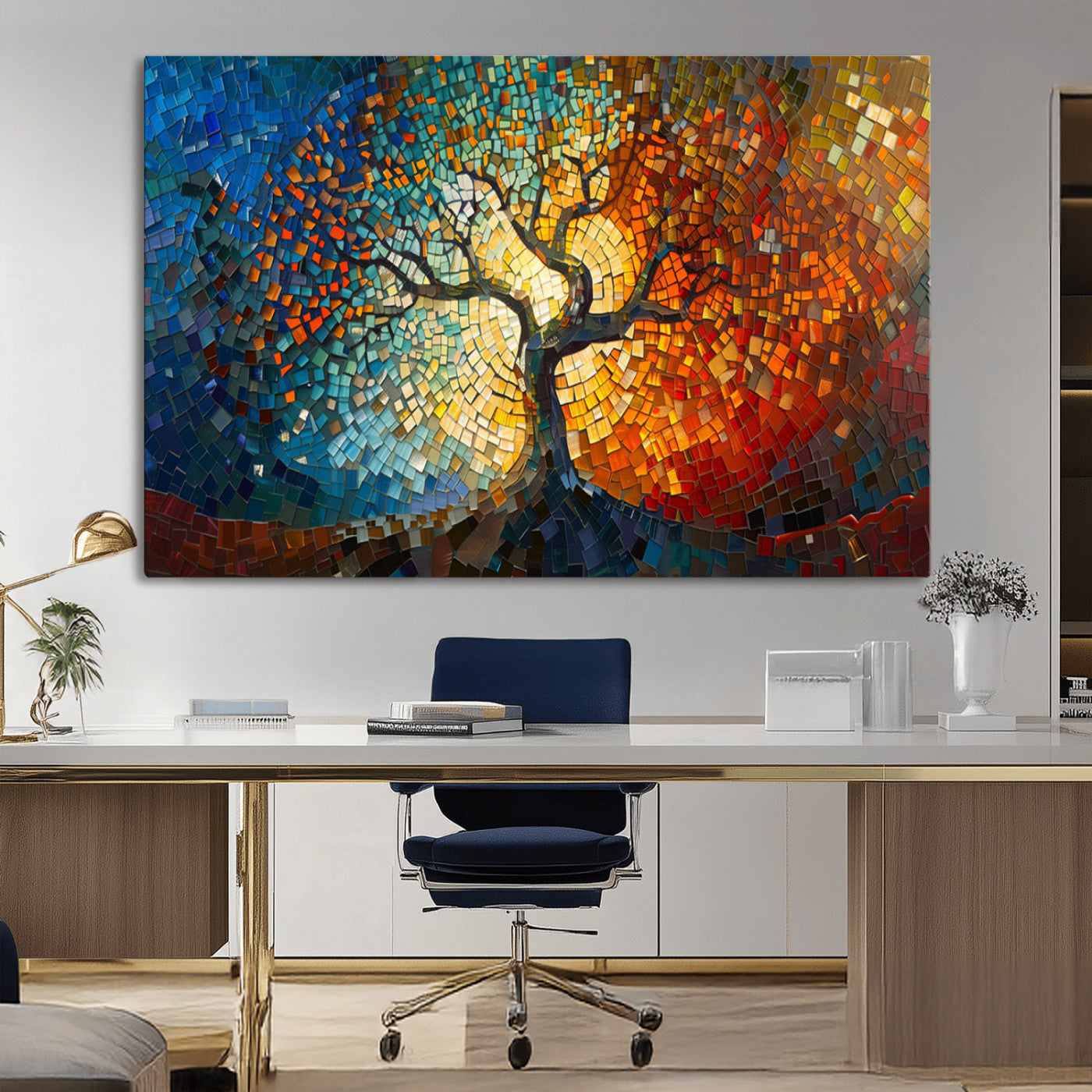 MGV-CV-36X24 - Mosaic Tree Canvas Wall Art Canvas Print – Vibrant Stained Glass-Inspired Tree of Life - Ready to