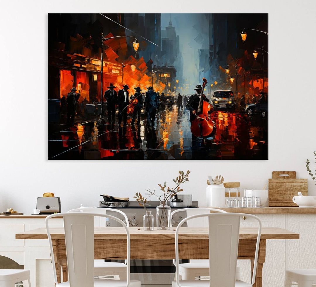 Framed Abstract Music Canvas: Jazz musicians on a rainy city street at night, with warm lights reflecting on wet pavement.