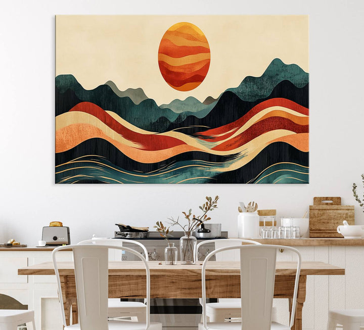 The Mountain Triptych wall art, featuring a design of the sun, mountains, and waves, is displayed prominently on the wall.