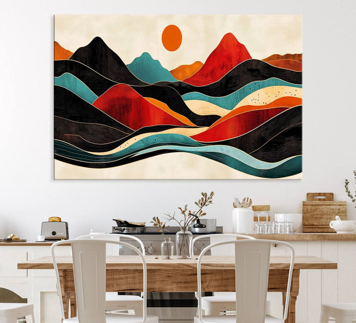 The Colorful Western Triptych Canvas features a vibrant mountain and sun design, making it perfect for modern kitchens or log cabin walls.