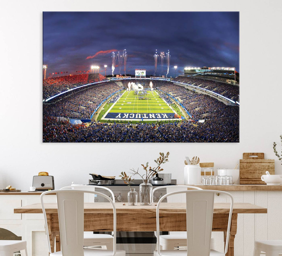 A filled stadium at dusk and fireworks overhead are beautifully captured in the Kroger Field Canvas Wall Art - Sunset Football Stadium Decor.