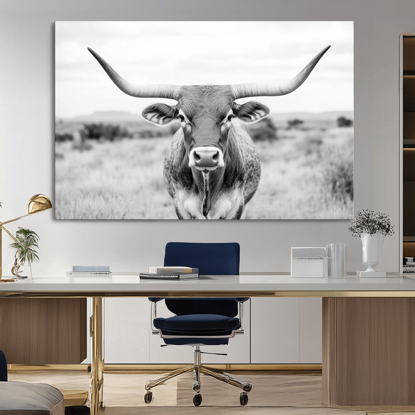 MGV-CV-36X24 - Highland Cow Wall Art Print - Black and White Texas Western Longhorn Canvas - Farmhouse Decor Print