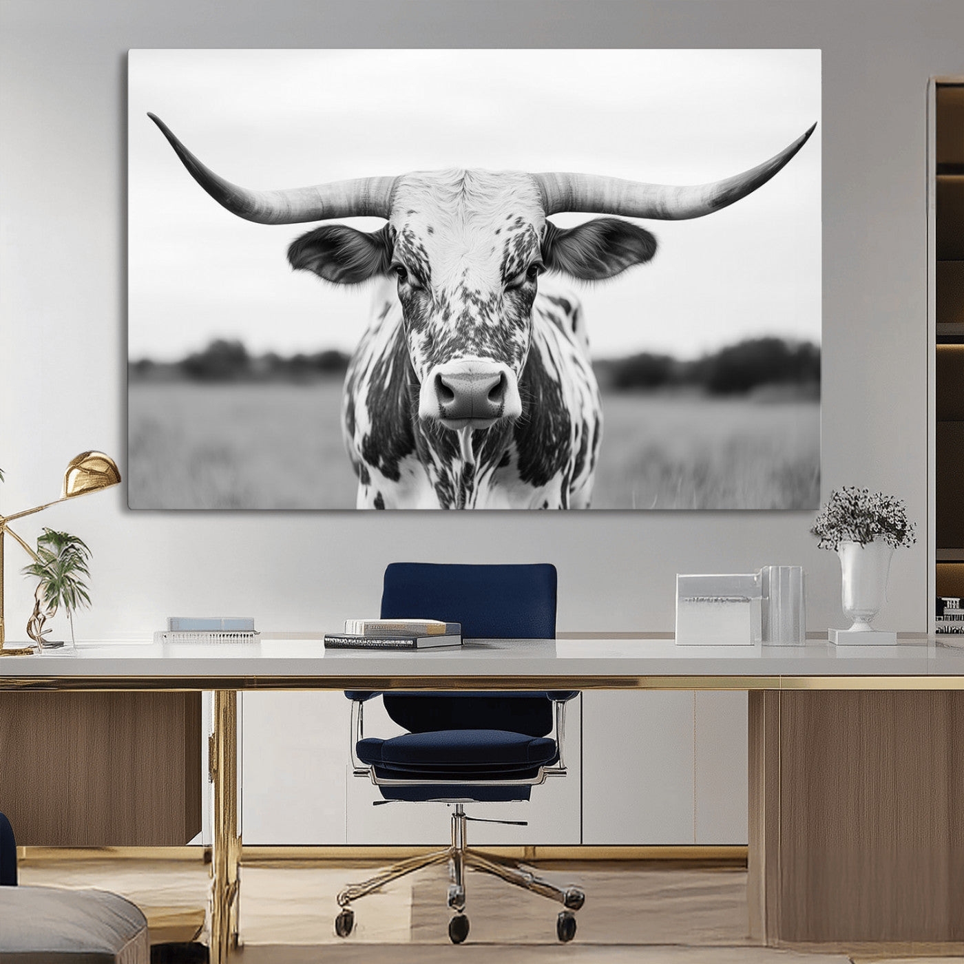 MGV-CV-36X24 - Highland Cow Wall Art - Black and White Western Longhorn Canvas Print - Farmhouse Living Room Decor