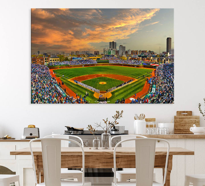 Aerial view of Wrigley Field at sunset against a vibrant sky, creating the perfect Chicago Wrigley Field Canvas Wall Art.