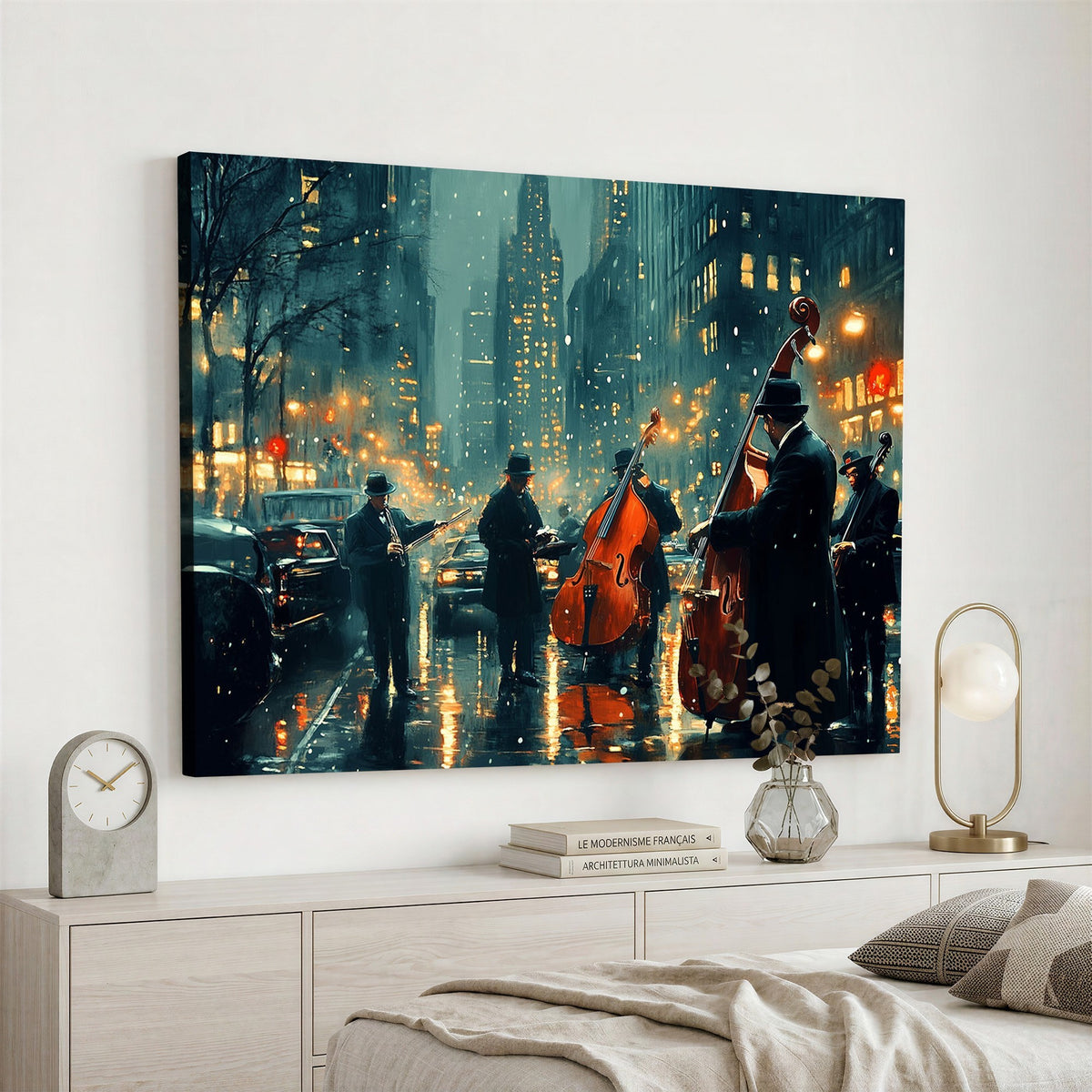 53391-MGV-CV-24X16 - Urban Night Jazz Wall Art Canvas Print | Moody Rain Soaked City Street Band Scene
