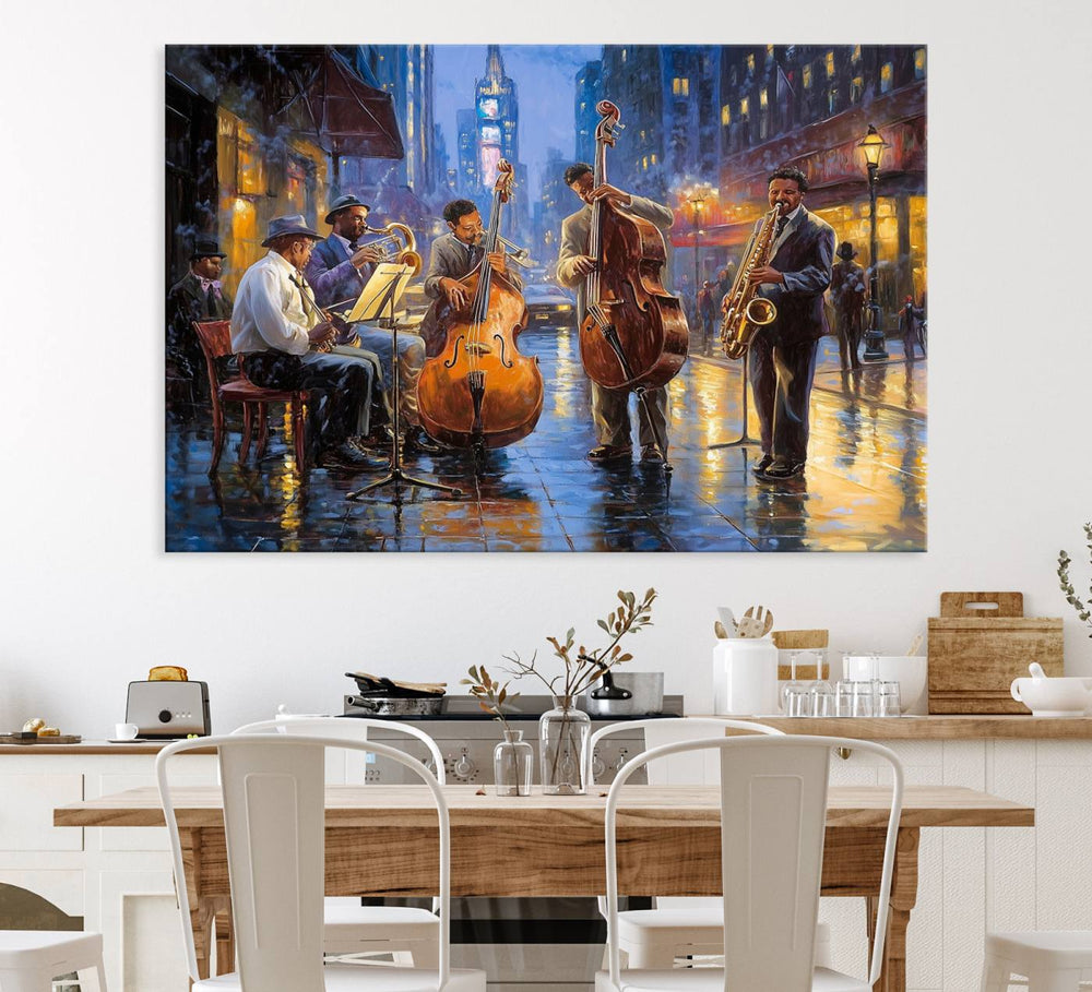 The Colorful Jazz Wall Art depicts a jazz band on a rainy night street with instruments like the bass, saxophone, trumpet, and clarinet.