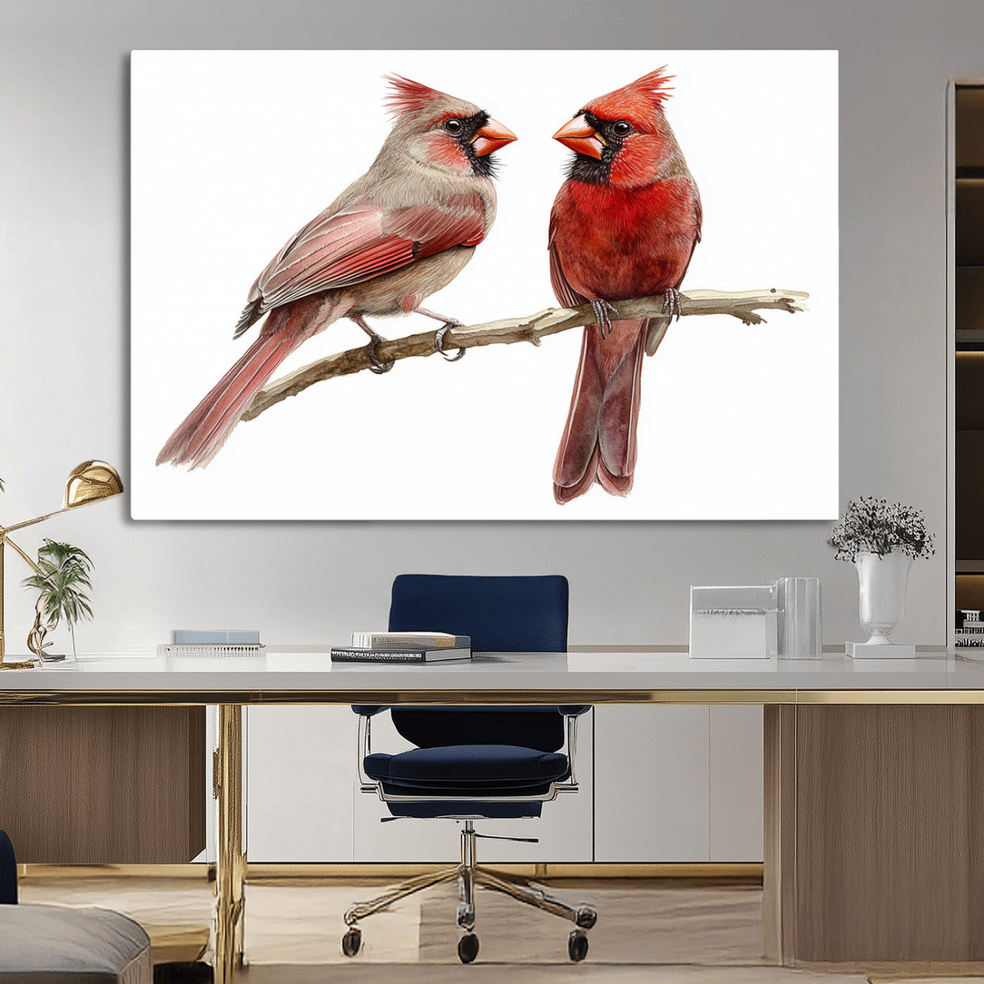 MGV-CV-36X24 - Cardinal Bird Canvas Wall Art - Male and Female Cardinal Print - Abstract Bird Wall Decor for Home -