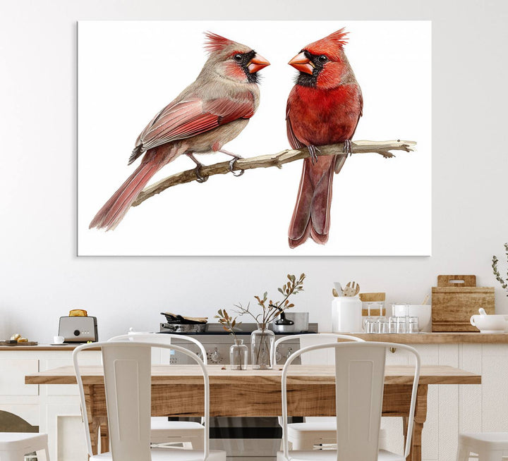 The Cardinal Bird Canvas Wall Art showcases two cardinals on a branch.