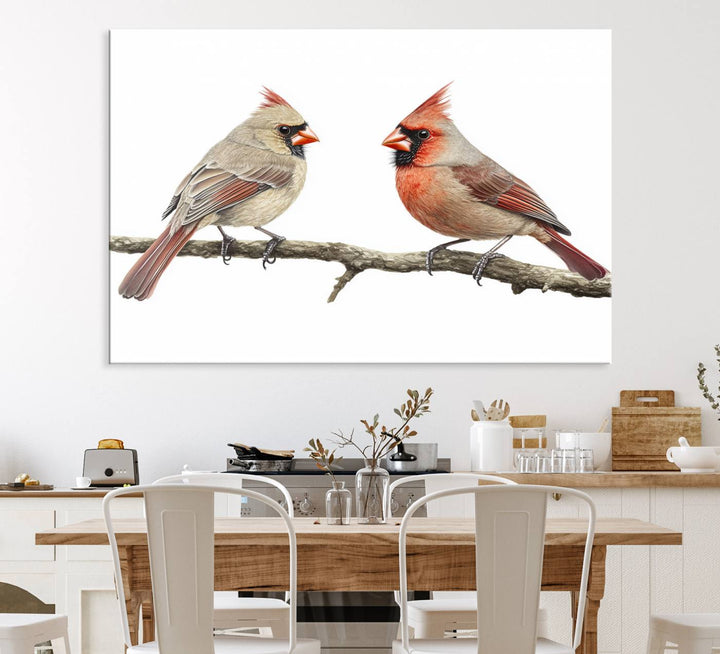 A Cardinal Canvas Wall Art print of cardinals on a branch hangs prominently.