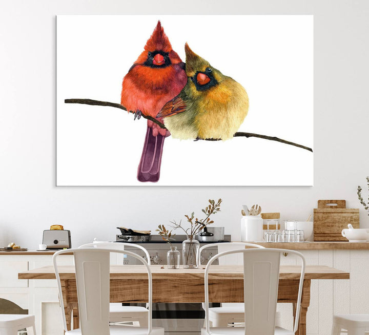 The Cardinal Bird Canvas Wall Art showcases vibrant male and female cardinals, capturing the beauty of nature in vivid detail.